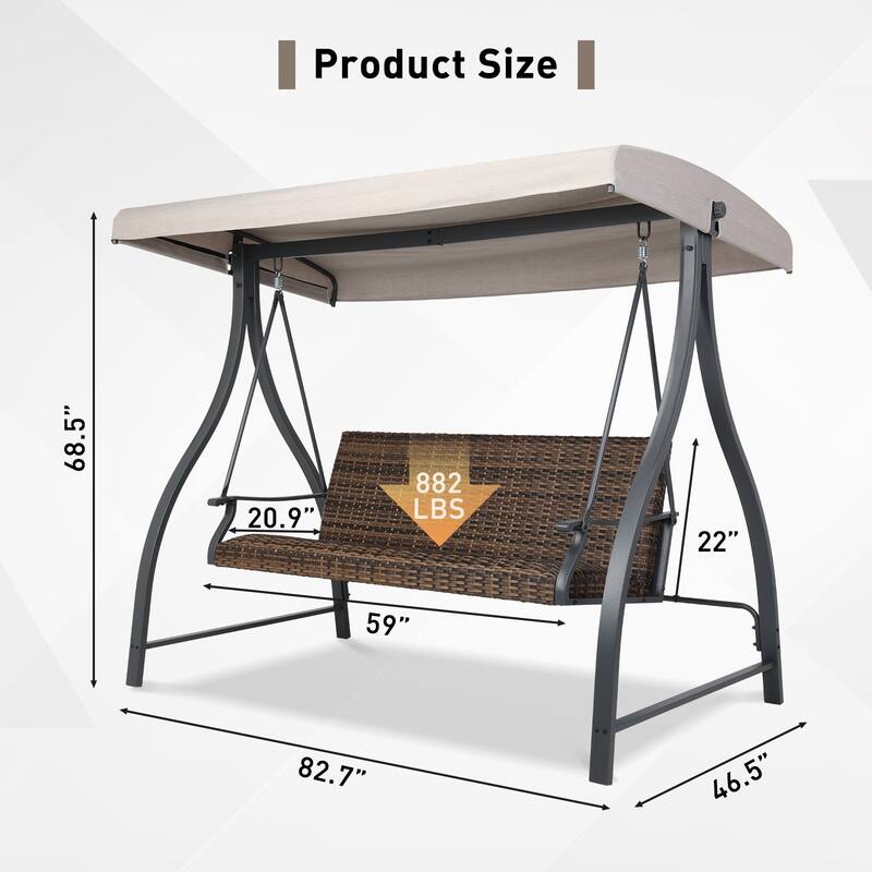 Aoodor 3-Seat Outdoor Rattan Patio Swing with Adjustable Canopy - Stylish Comfort for Your Porch, Garden, and Yard