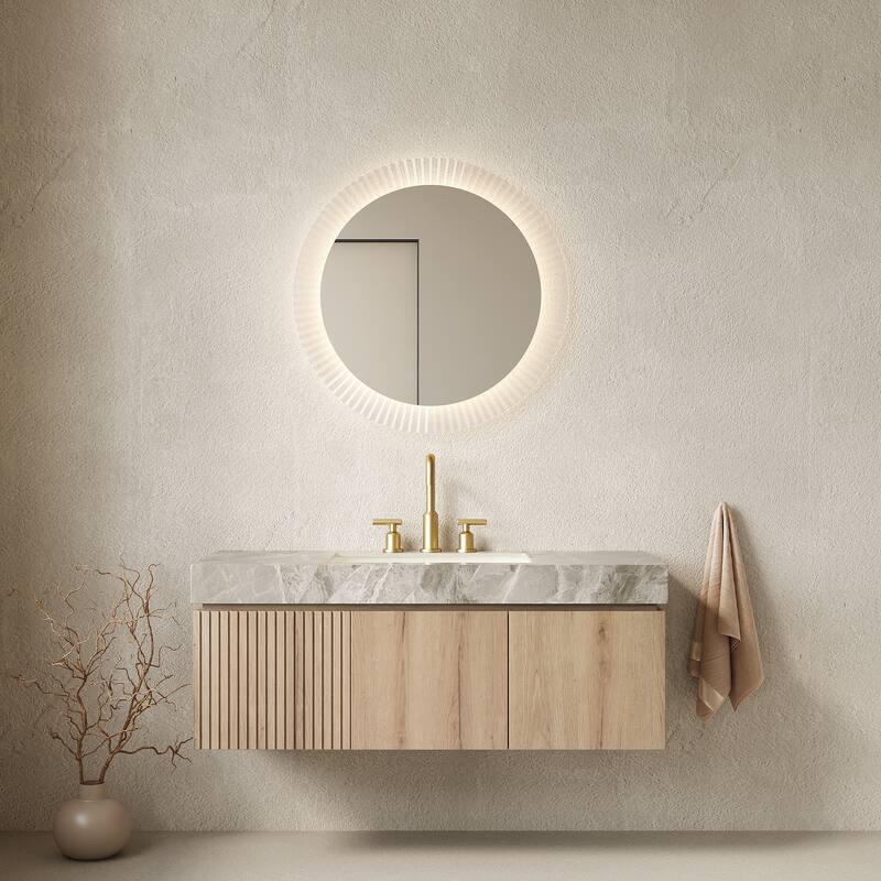 Floating Bathroom Vanity with Sintered Stone Top & Undermount Ceramic Basin with Three Pre-drilled Faucet Holes - 47.64'' x 18.9'' x 17.72'' - White Oak and Light Gray