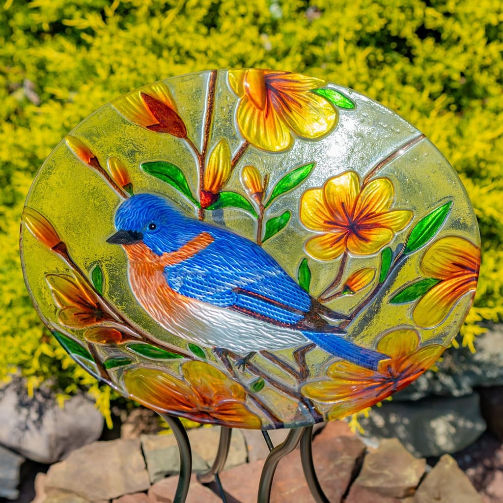 18" Glass Bowl Bluebird Birdbath with Metal Stand "Idaho"