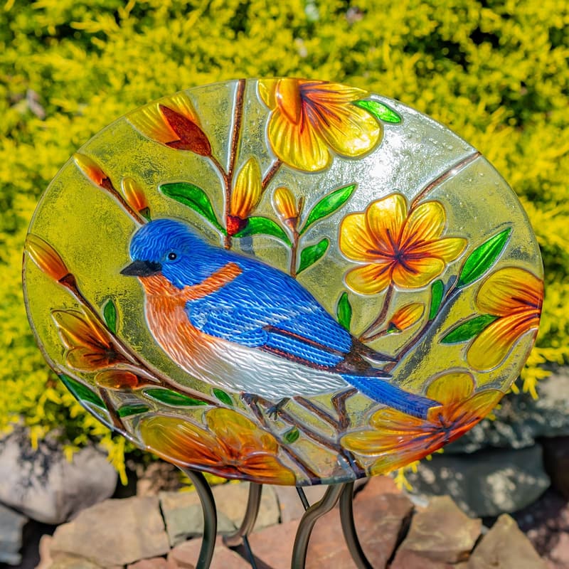18" Glass Bowl Bluebird Birdbath with Metal Stand "Idaho" - Multi
