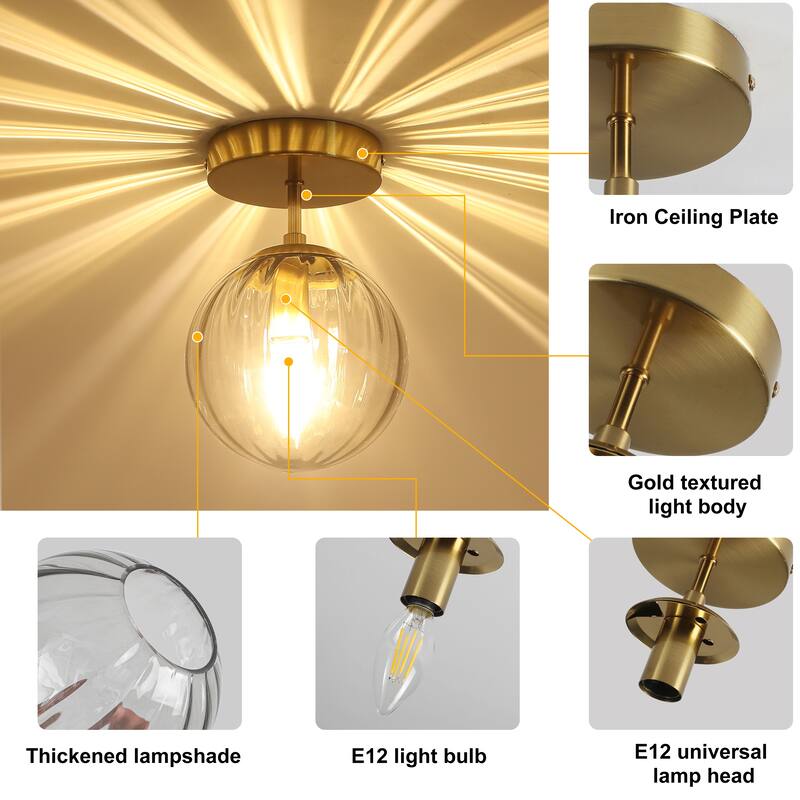 Modern Single Semi Flush Ceiling Light with Metal Base & Ribbed Gray Glass Globe Shade