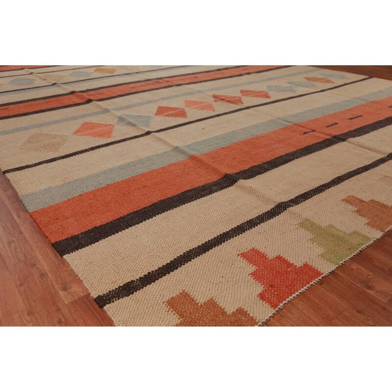 Hand Woven Oriental 100% Jute Carpet Modern Stripe Beige & Ivories Kilim Area Rug - 14' 0'' X 10' 0''