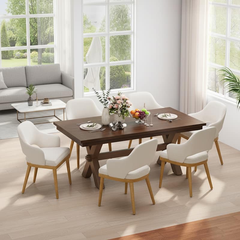 Upholstered Farmhouse Dining Chairs Modern Fabric Kitchen Side Chairs Wooden Back - Set of 6 - Beige