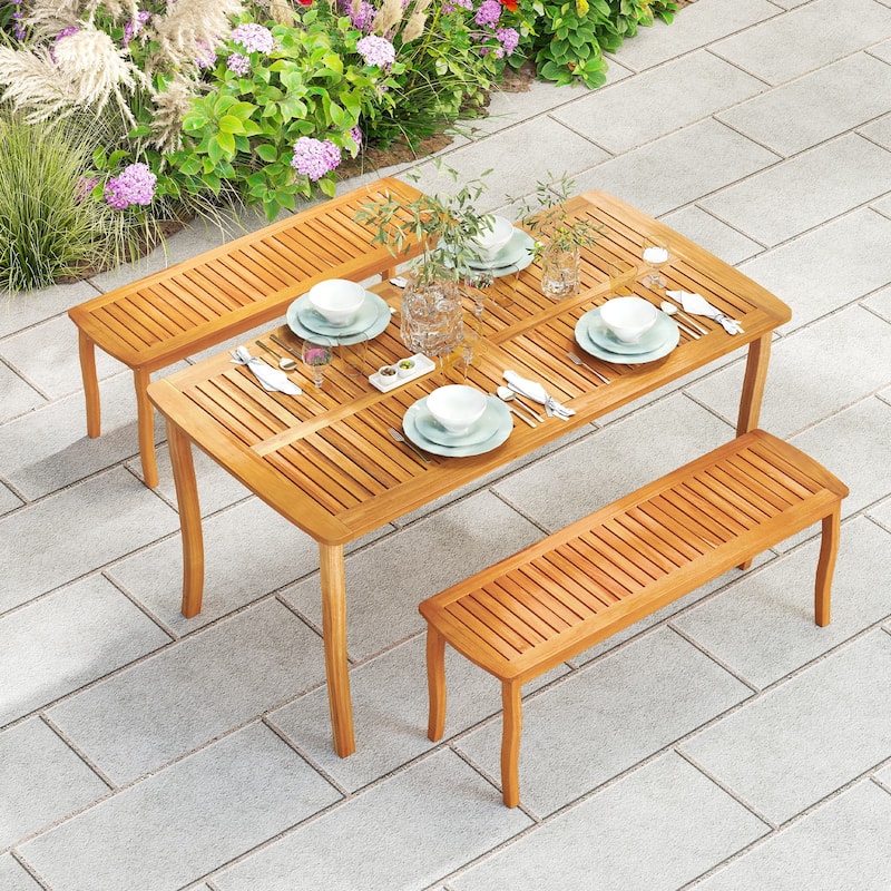 63 Inch Acacia Wood Outdoor Dining Table with Umbrella Hole for Patio Backyard Garden - 63" x 32" x 30"