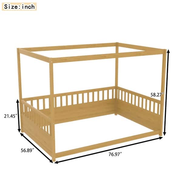 dimension image slide 1 of 2, Full Size Canopy Floor Bed with 21.45" Safety Guardrails and 3-Sided Access, Curtain Ready
