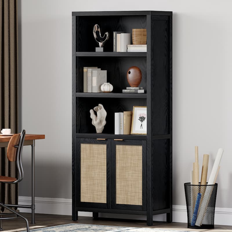 SICOTAS 5 Tier Adjustable Bookcase with Rattan Storage Cabinet - Wood Finish - Black