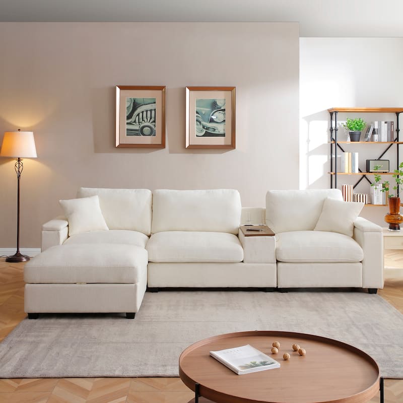 120.3" L-Shaped Sectional Sofa with Wide Seats, USB Charging, Foldable 360掳 Tray, Cup Holders, Storage Ottoman & Armrest - Beige
