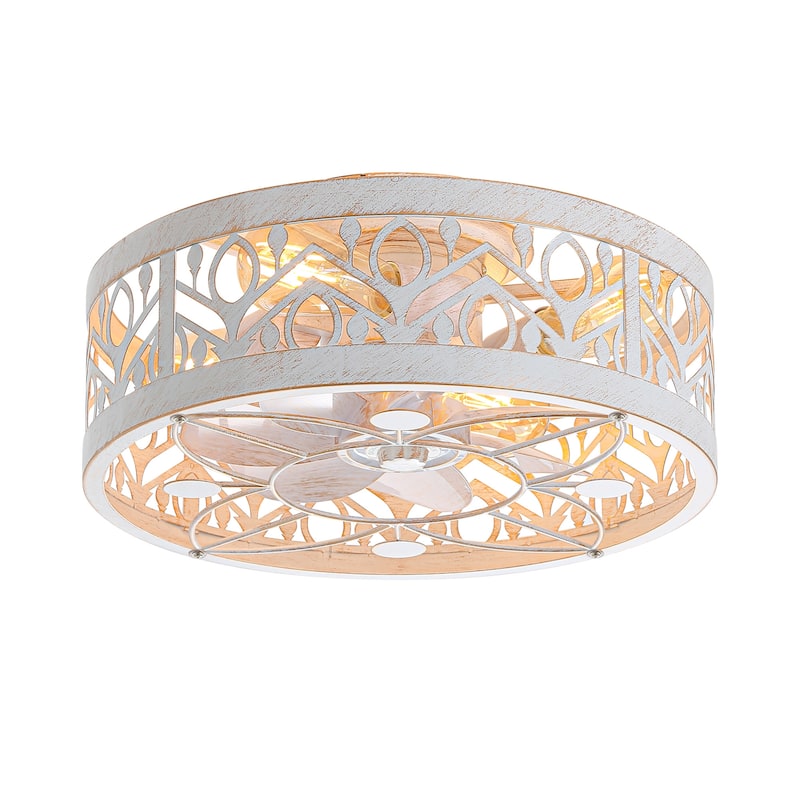 20" 7-Blade Distressed White Flush Mount Caged Ceiling Fan with Light Remote