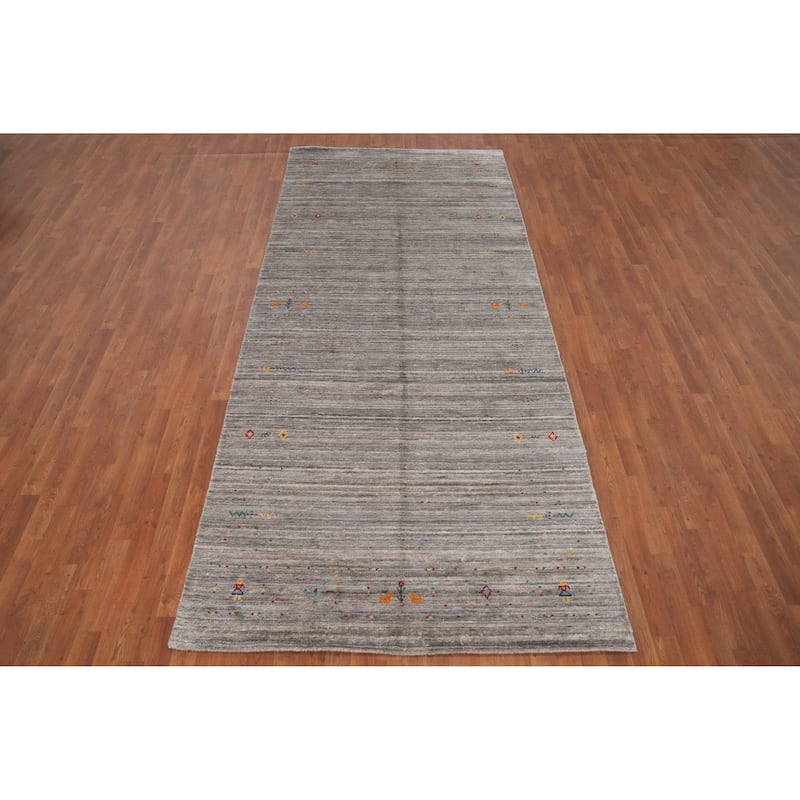 Hand Knotted Oriental Viscose Silk Carpet Tribal Animal Pictorial Greys & Charcoal Gabbeh Area Rug - 11' 8'' X 5' 0''