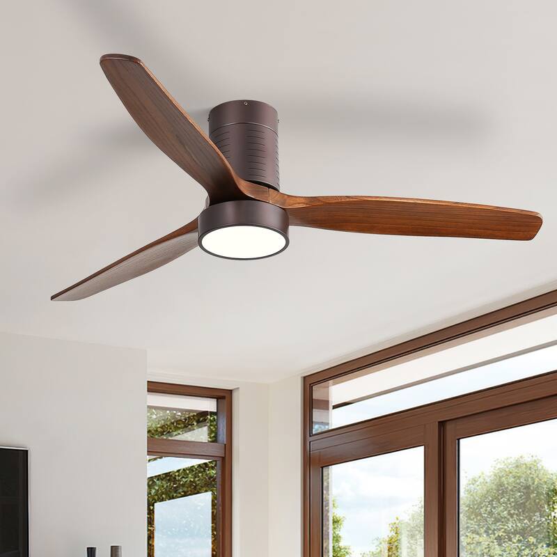 52 Inch Flush Mount Wood Blades White Ceiling Fan Reverse Airflow,6 Wind Speed,Remote Control