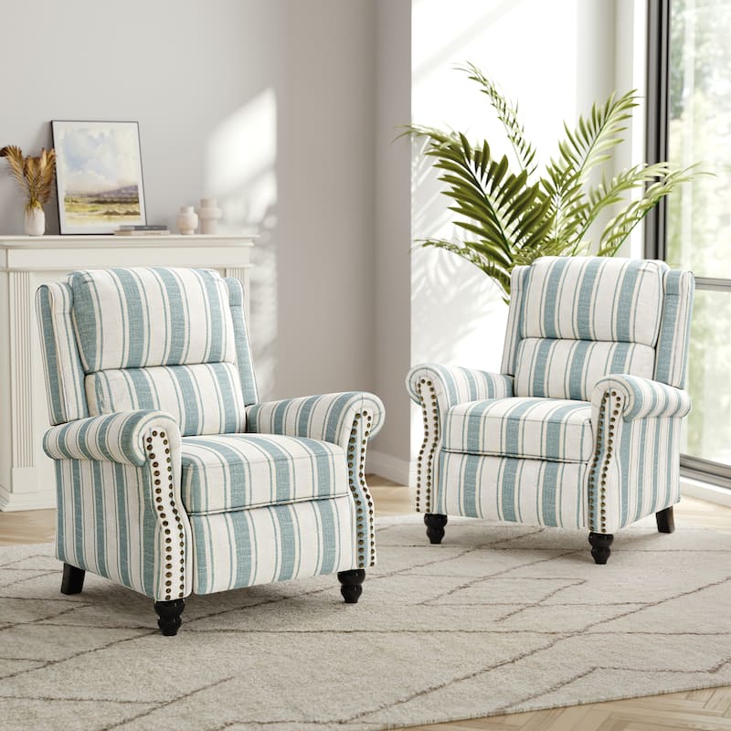 2 Set Nail-head Padded Seat Pushback Recliner Chair - Stripe Blue Linen