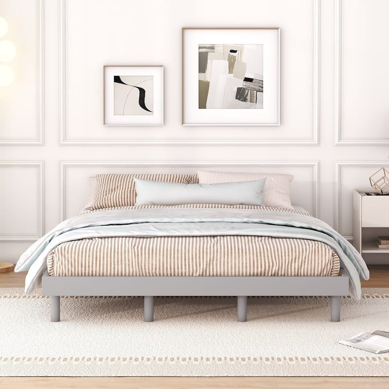 Grey Queen Size Floating Platform Bed with Rubberwood Legs and Plywood Slats - Grey - Queen