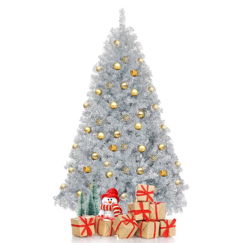 Costway 6Ft Hinged Unlit Artificial Silver Tinsel Christmas Tree - 6 FT