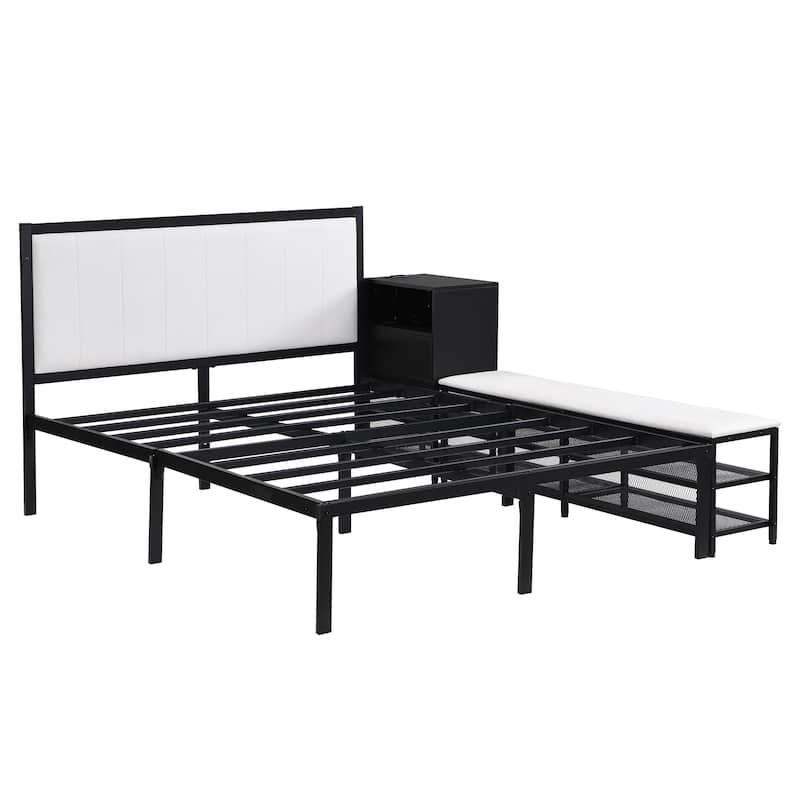 Full size Metal Platform Bed with Wooden Cabinet, Two-Tier Shelves And Cushioned Footrest