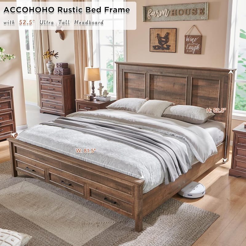 Farmhouse King Wood Bed Frame with Headboard, Platform Bedframe