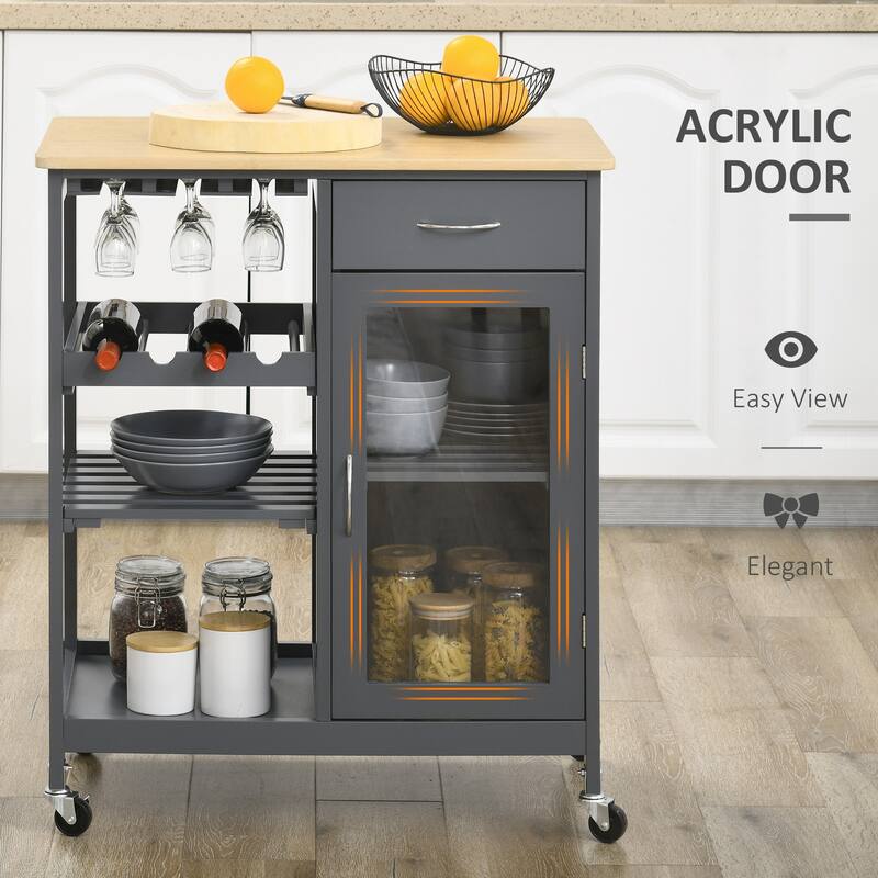 30" Rolling Kitchen Island with 4 Bottles Wine Rack and Stemware Holder