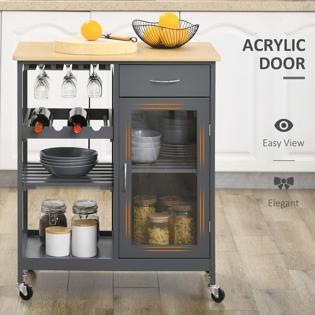 Rolling Kitchen Island with Storage, Kitchen Cabinet with 4-Bottle Wine Rack, Bar Cart with Slatted Shelves