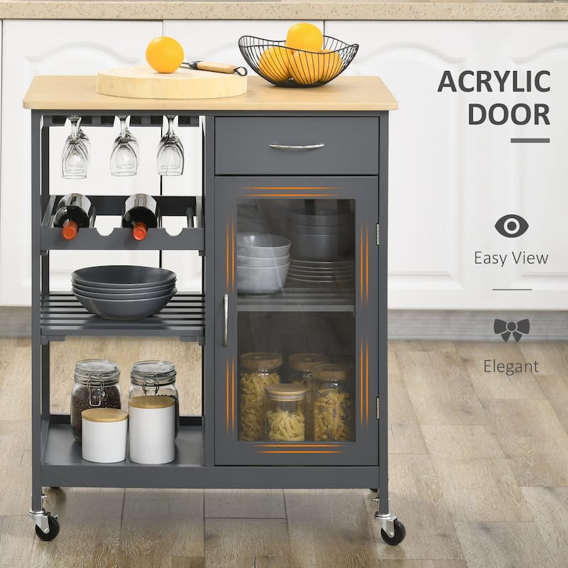 Rolling Kitchen Island with Storage, Kitchen Cart with 4-bottle Wine Rack, Stemware Holder, Shelves, Drawer and Cabinet
