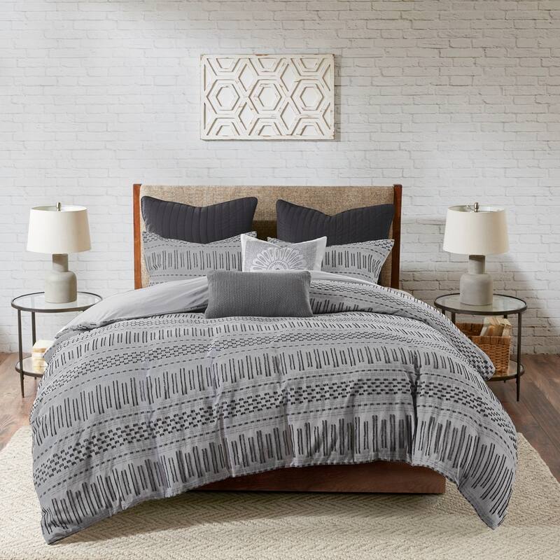 GDF Studio - Rhea Cotton Jacquard Comforter Mini Set - Grey+Black (Full/Queen)