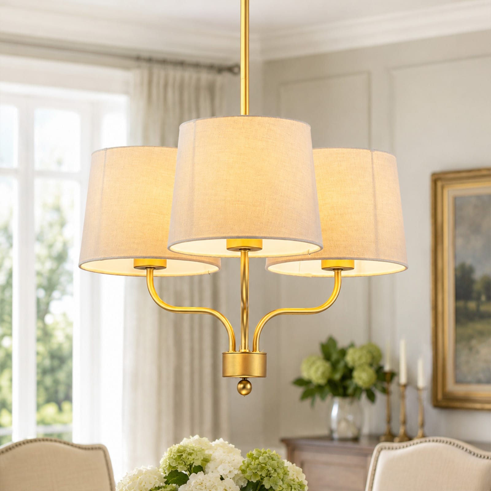 3-Light Cluster Modern Gold Lantern Fabric Pendant Light for Dining Room - 18.9 in. Dia x 12.6 in. H