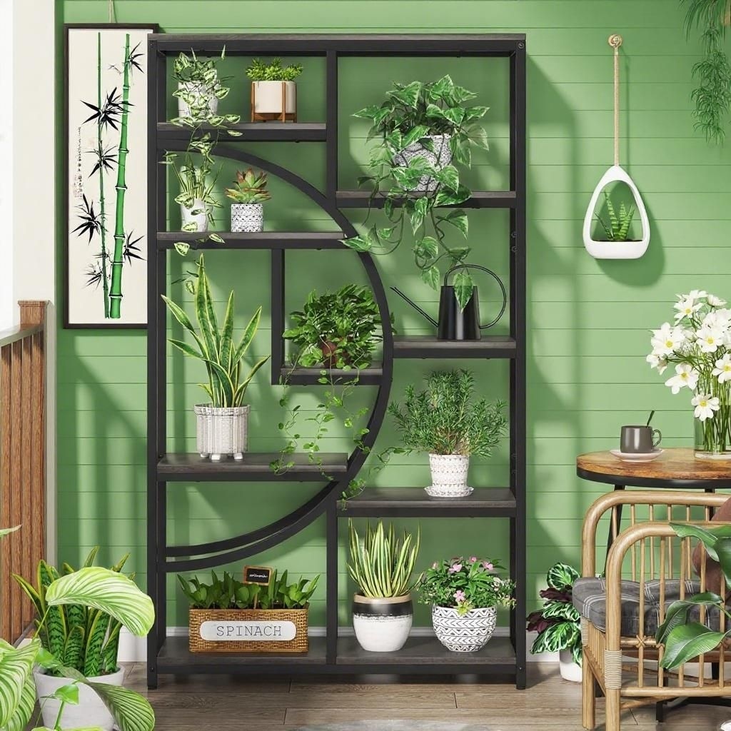 High Bookshelf With 9 open shelves, wooden arched bookshelf, display rack, suitable for living rooms, storage cabinets