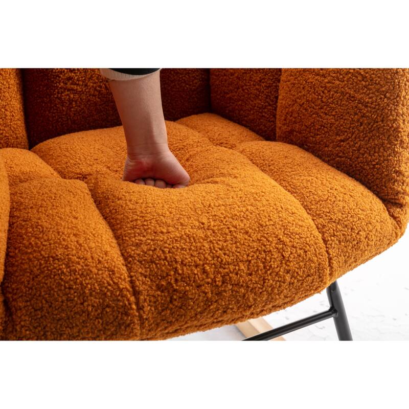 Teddy Fabric Upholstered Glider Rocker, Reading Chair with Thick Padded Seat, High Backrest Armchair with Wooden Legs