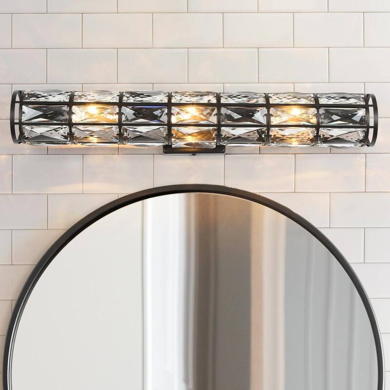 Aulia Modern Crystal 3-Light Glass Wall Sconces Black Bathroom Vanity Lights - 23.5'' L x 3.5'' W x 3.5'' H