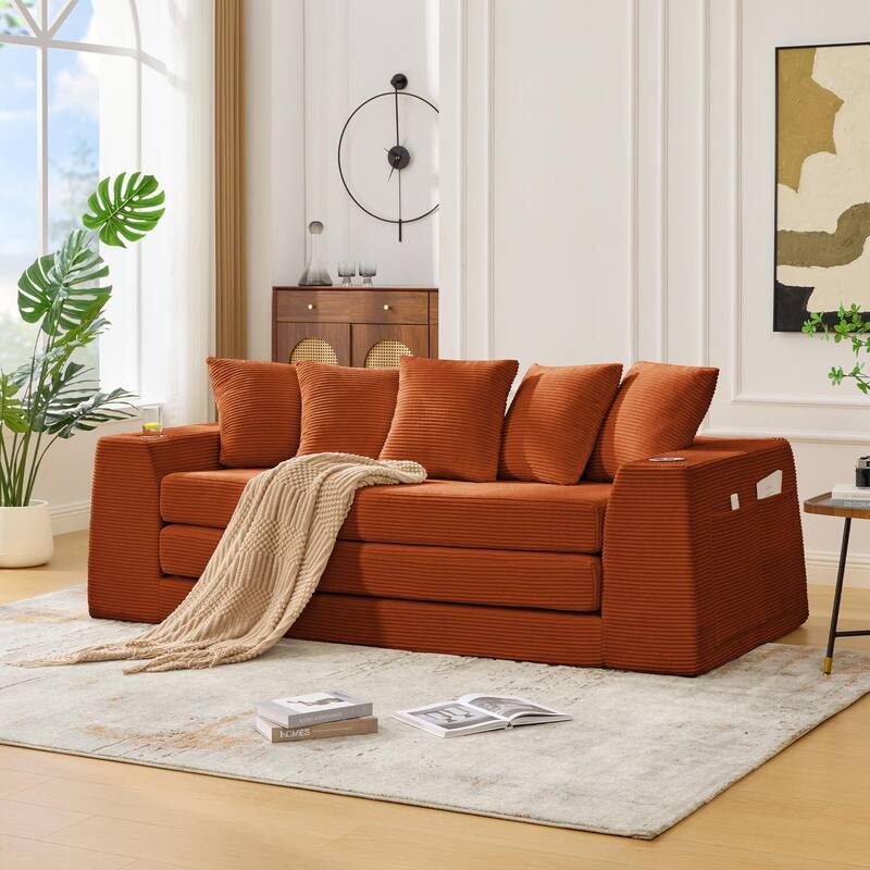 2 in 1 Convertible Sofa Bed, Sleeper Sofa with Storage Pockets, Pull Out Loveseat Couch with Two Cup Holders