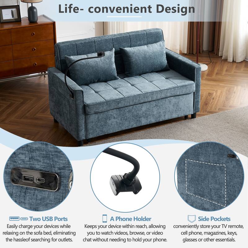 Roomfitters Loveseat Pull-Out Sofa Bed with Reversible Backrest Cushion, Side Pockets, USB Ports, and Phone Holder