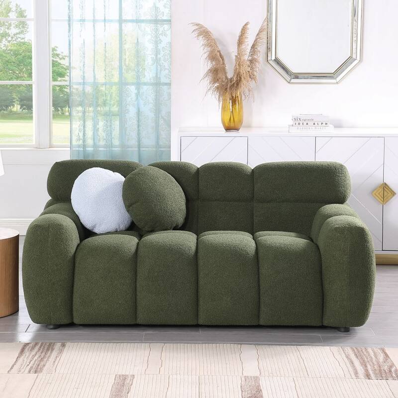 3 Seat Boucle Sofa with Two Pillows - Olive Green