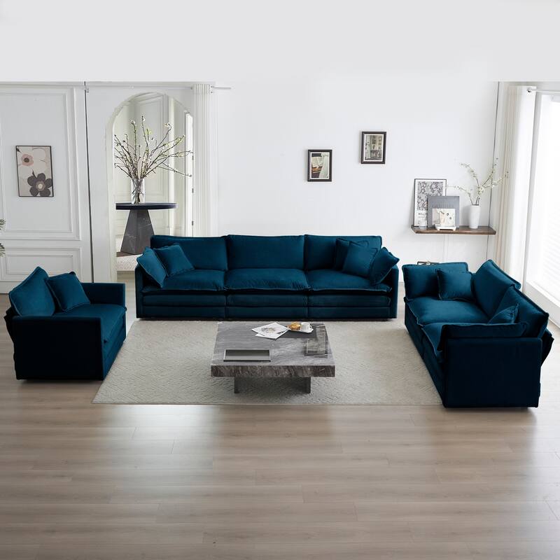 6-Seat Chenille Sectional Sofa Set (3+2+1) with Deep Seats - Blue