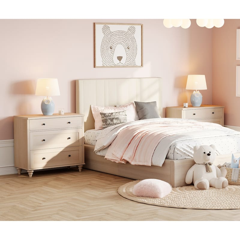 Nightstand Bedside Table, Wood Side Table with 3 Drawer