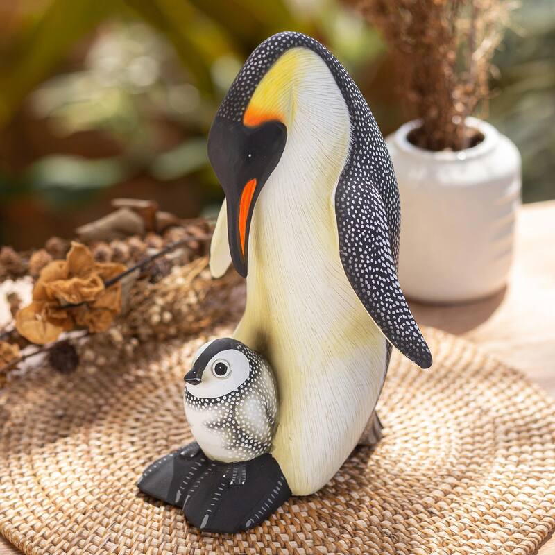 Novica Handmade Penguin Mother And Chick Wood Sculpture