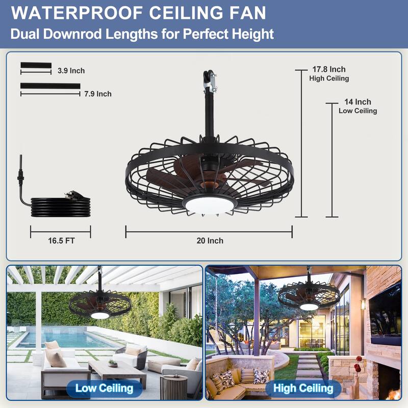 Outdoor Ceiling Fan with Light: 20 Inch Waterproof Gazebo Hanging - Plug in Remote App Control Caged Fans - 6 Speed Black