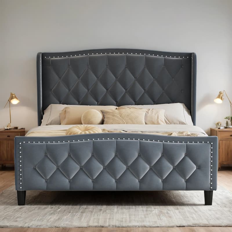 Full/Queen Size Upholstered Platform Bed Frame with Wingback Headboard