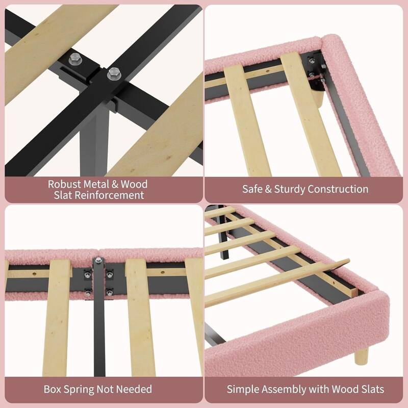 Twin Bed Frame, with Wooden Slats and Round Boucle Headboard