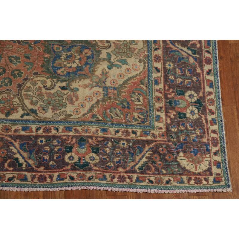 Medallion Tabriz Persian Vintage Rug Hand-Knotted Pink Wool Carpet - 6'10" x 9'8"