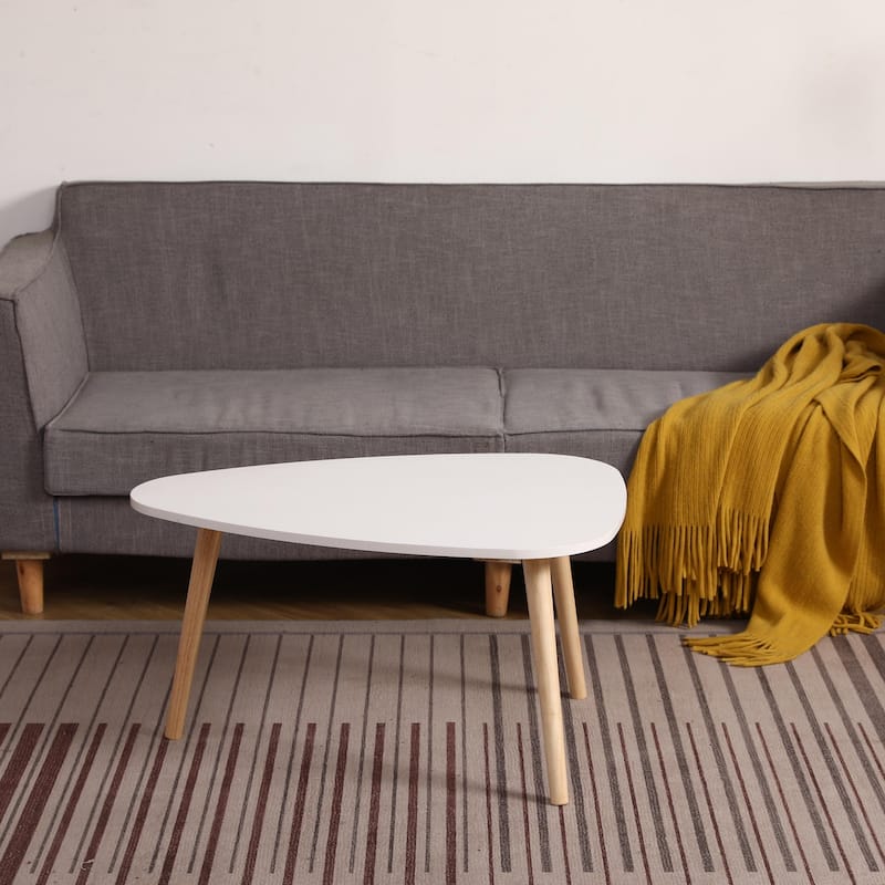 Modern Egg Shape Coffee Table With Rubberwood Legs, For Living Room - White
