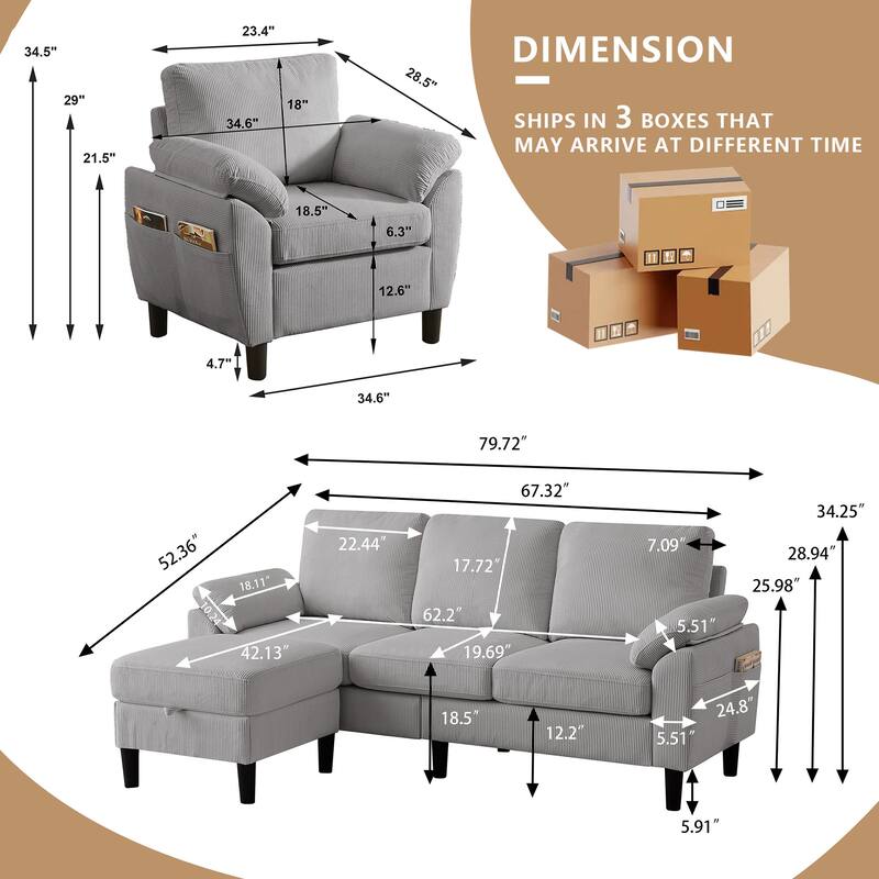 79.72" Corduroy 3 Pieces Living Room Sets Including Sectional Sofa with Storage Ottoman & Side Pockets & Armchair Set
