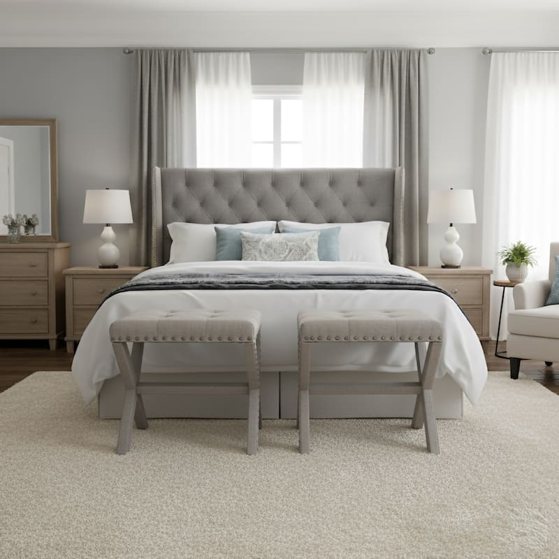 Modern Chic Vanity Stool X-Base Ottoman With Nailhead Trim (Set of 2) - Light Grey