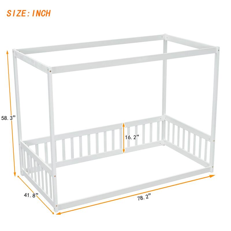 Twin Size Canopy Frame Floor Bed with Fence,Guardrails