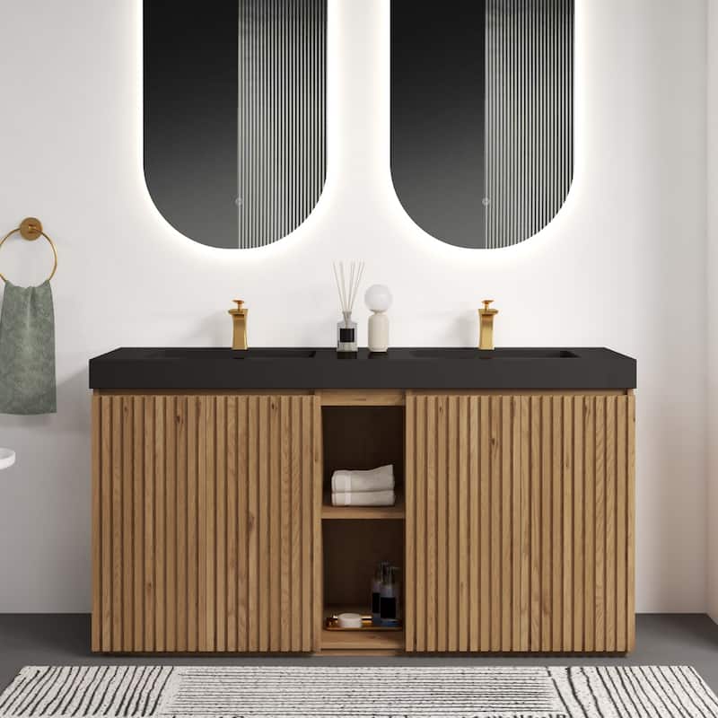 GDFStudio - Galan 60" Freestanding Bathroom Vanity with Quartz Sink, Solf Close Doors, Open Storage Shelf, NO Drain & Faucet - Light Oak+White