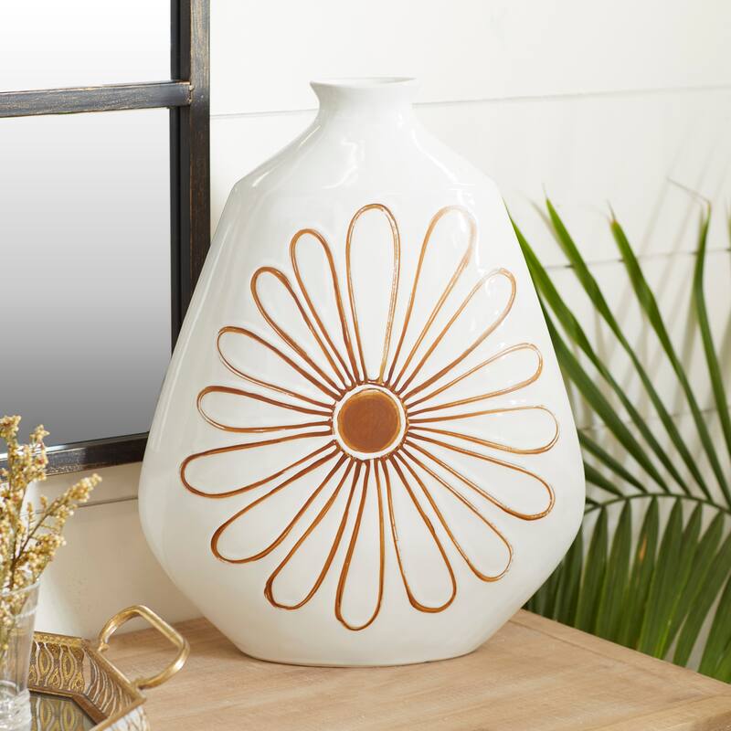 White Ceramic Handmade Daisy Floral Decorative Vase - 12 x 6 x 18