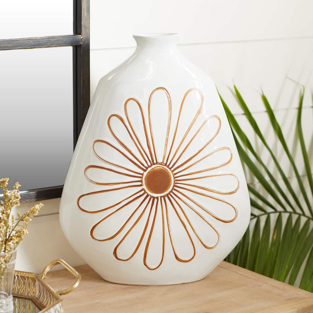 White Ceramic Handmade Daisy Floral Decorative Vase - 12 x 6 x 18