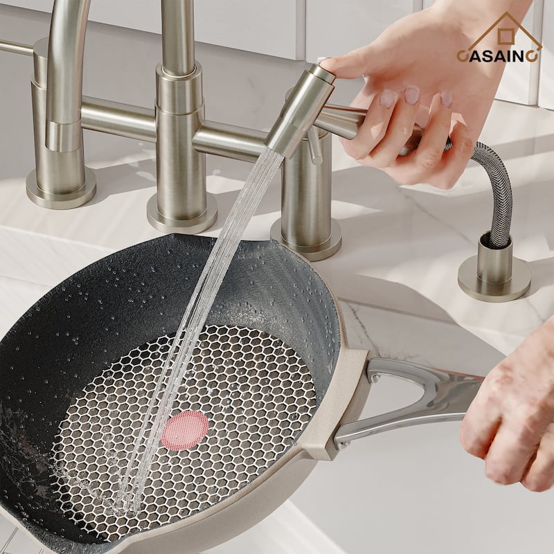 Double Handle Bridge Kitchen Faucet with Side Sprayer - White