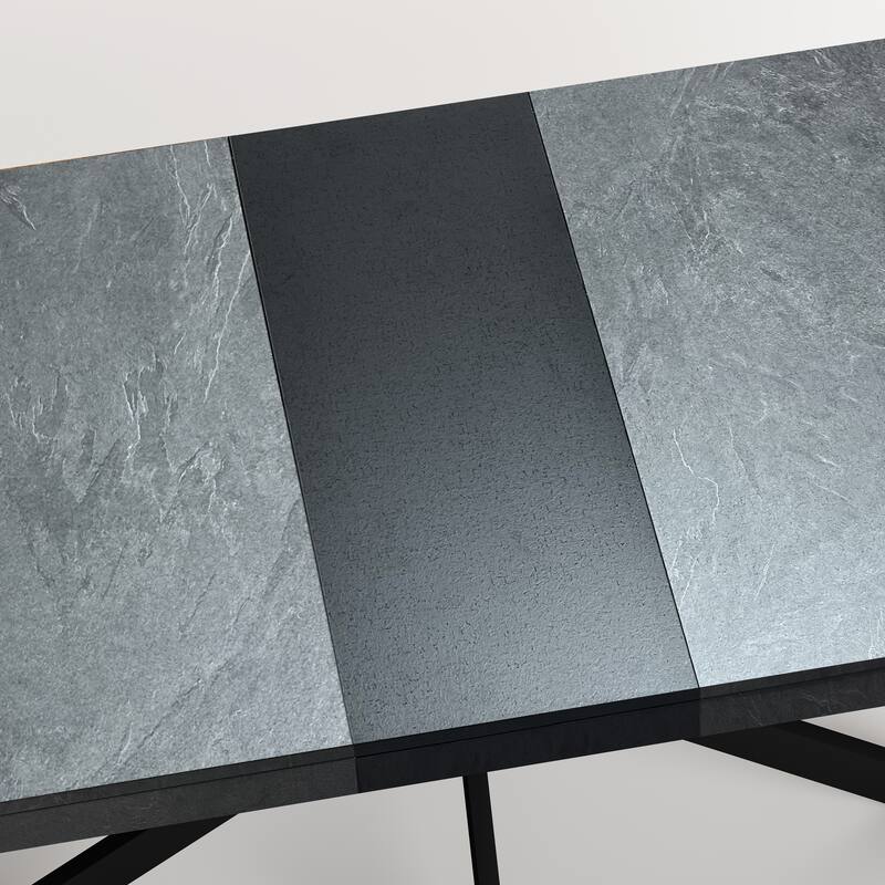 55.11" -70.86"Retro Rectangular Stretch Dining Table,Dark Grey stone Top And Black Relief Plate, Black Fine Sand Cross I