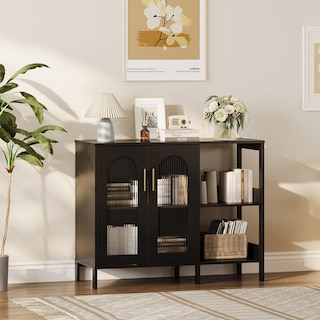 Buffet Sideboard Cabinet, Wooden Storage Cabinet with Glass Doors, Two Metal Handle