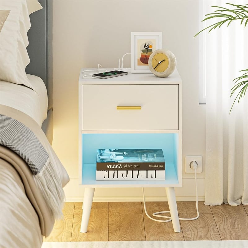 Nightstand with Charging Station and LED Lights - White