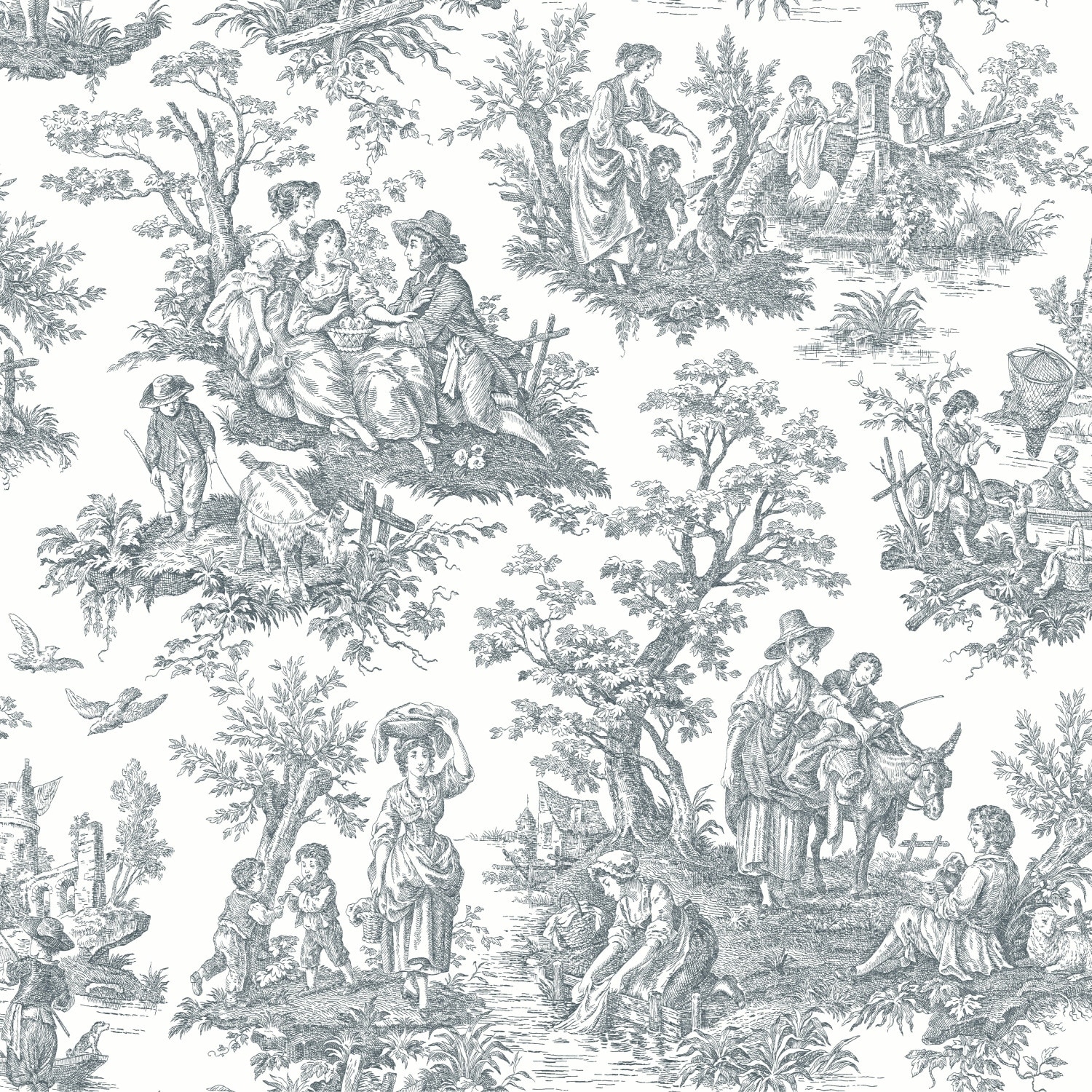 Waverly Grey & White Country Life Toile Peel and Stick Wallpaper