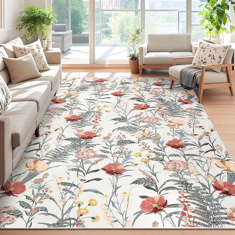 Modern Living Room Rugs Floral Rustic Area Rug Soft Foldable Accent Rug Low Pile Non-Slip Rug for Dining Room Office - 9'x12' - Beige